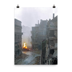 German Panther Tank Burning During the Battle of Cologne, March 1945 poster on a plain backdrop in size 8"x10".