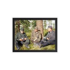 German Soldier, Soviet POW, and Finnish Soldier in Karelia, Finland, 1941 framed print on a plain backdrop in size 12"x16".