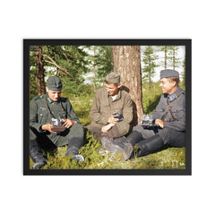 German Soldier, Soviet POW, and Finnish Soldier in Karelia, Finland, 1941 framed print on a plain backdrop in size 16"x20".