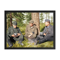 German Soldier, Soviet POW, and Finnish Soldier in Karelia, Finland, 1941 framed print on a plain backdrop in size 18"x24".