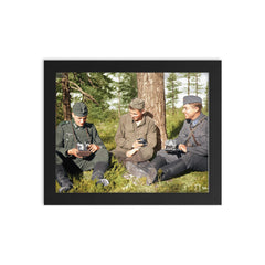 German Soldier, Soviet POW, and Finnish Soldier in Karelia, Finland, 1941 framed print on a plain backdrop in size 8"x10".