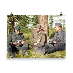 German Soldier, Soviet POW, and Finnish Soldier in Karelia, Finland, 1941 poster on a plain backdrop in size 8"x10".