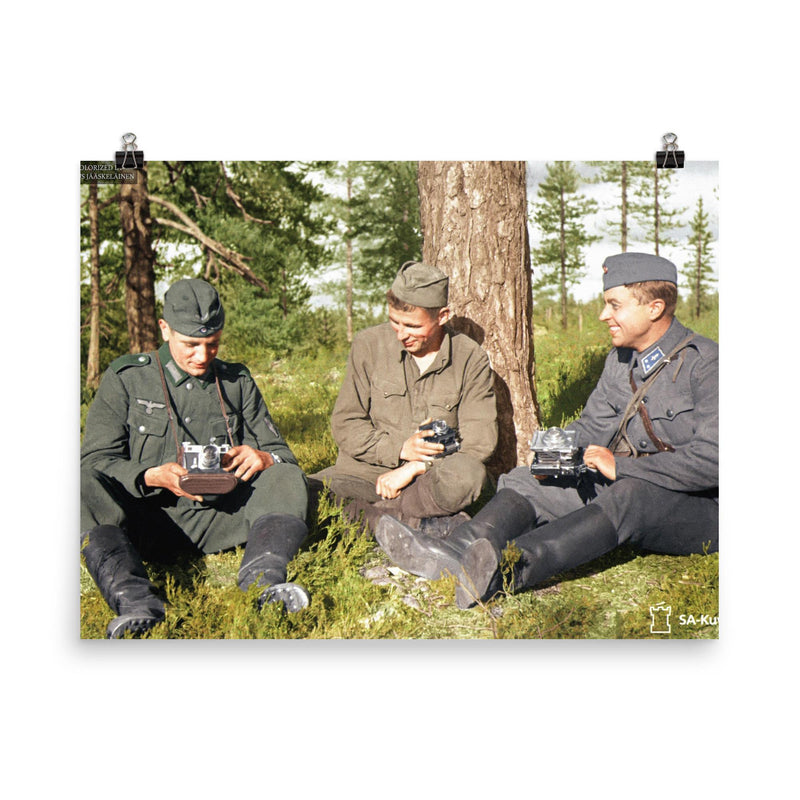 German Soldier, Soviet POW, and Finnish Soldier in Karelia, Finland, 1941 poster on a plain backdrop in size 8