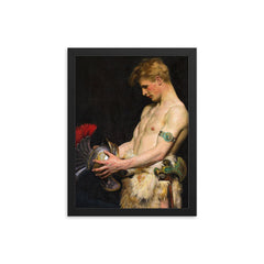 Germanic Warrior Looking at a Roman Helmet by Osmar Schindler, 1902 framed print on a plain backdrop in size 12"x16".