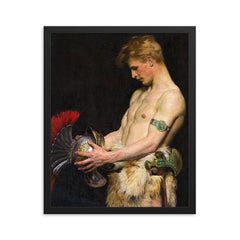 Germanic Warrior Looking at a Roman Helmet by Osmar Schindler, 1902 framed print on a plain backdrop in size 16"x20".