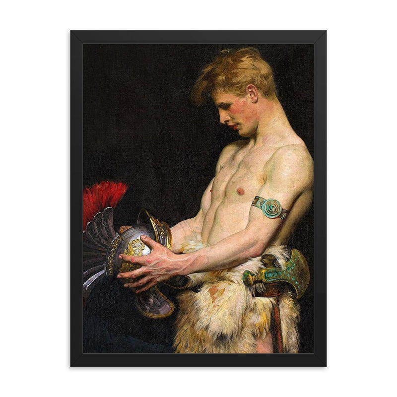 Germanic Warrior Looking at a Roman Helmet by Osmar Schindler, 1902 framed print on a plain backdrop in size 18
