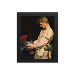 Germanic Warrior Looking at a Roman Helmet by Osmar Schindler, 1902 framed print on a plain backdrop in size 8"x10".