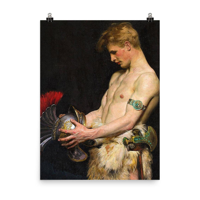 Germanic Warrior Looking at a Roman Helmet by Osmar Schindler, 1902 poster on a plain backdrop in size 8