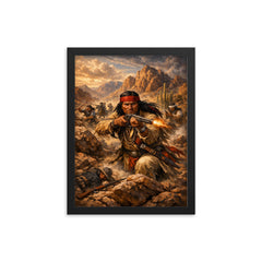 Geronimo resisting capture in desert mountains framed print on a plain backdrop in size 12"x16".