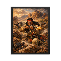 Geronimo resisting capture in desert mountains framed print on a plain backdrop in size 16"x20".