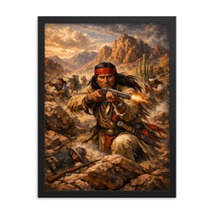 Geronimo resisting capture in desert mountains framed print on a plain backdrop in size 18"x24".