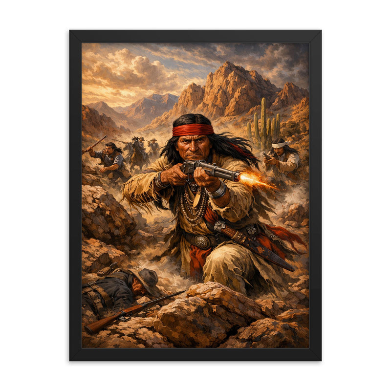 Geronimo resisting capture in desert mountains framed print on a plain backdrop in size 18