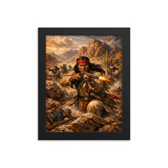 Geronimo resisting capture in desert mountains framed print on a plain backdrop in size 8"x10".