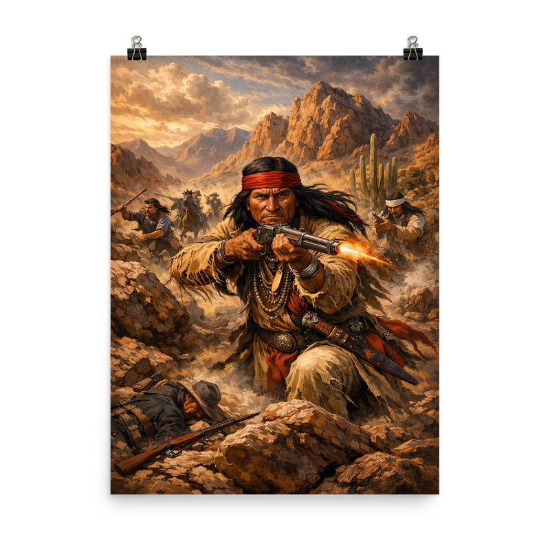 Geronimo resisting capture in desert mountains poster on a plain backdrop in size 8