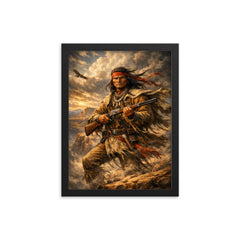 Geronimo rifle and cliffside wind framed print on a plain backdrop in size 12"x16".
