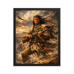 Geronimo rifle and cliffside wind framed print on a plain backdrop in size 16"x20".