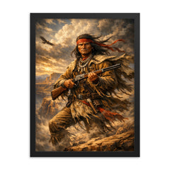 Geronimo rifle and cliffside wind framed print on a plain backdrop in size 18"x24".