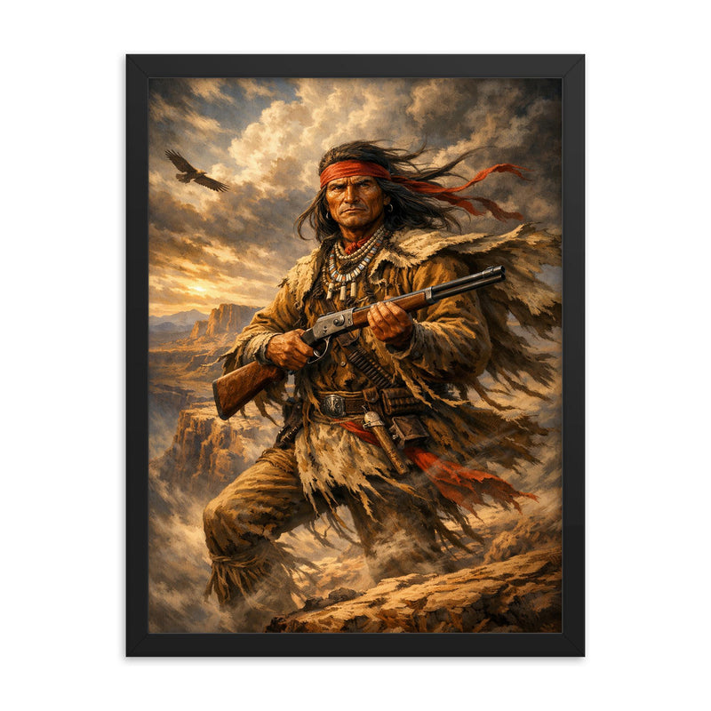 Geronimo rifle and cliffside wind framed print on a plain backdrop in size 18