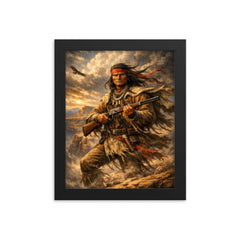 Geronimo rifle and cliffside wind framed print on a plain backdrop in size 8"x10".