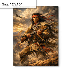 Geronimo rifle and cliffside wind metal print on a plain backdrop in size 12"x16".