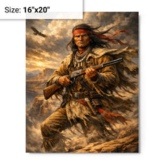 Geronimo rifle and cliffside wind metal print on a plain backdrop in size 16"x20".