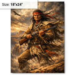 Geronimo rifle and cliffside wind metal print on a plain backdrop in size 18"x24".