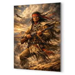 Geronimo rifle and cliffside wind metal print mockup