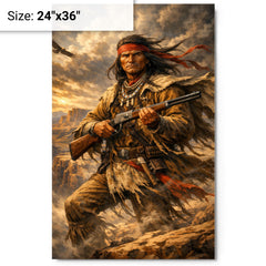 Geronimo rifle and cliffside wind metal print on a plain backdrop in size 24"x36".