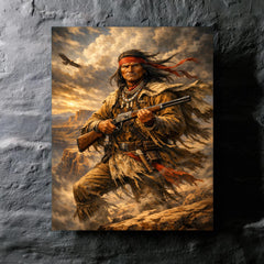 Geronimo rifle and cliffside wind metal print mockup