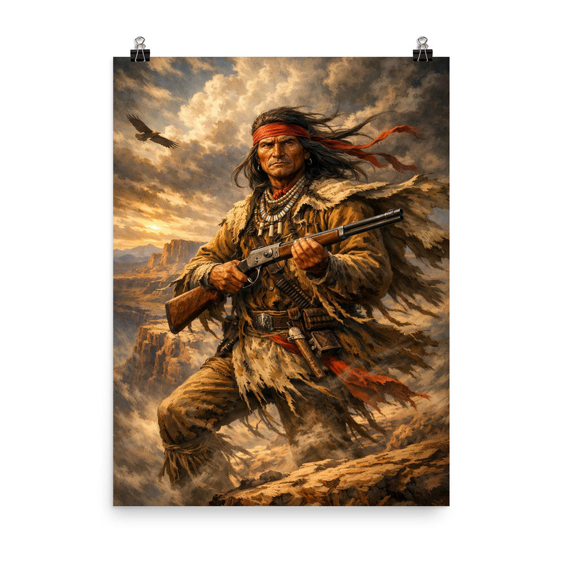 Geronimo rifle and cliffside wind poster on a plain backdrop in size 8