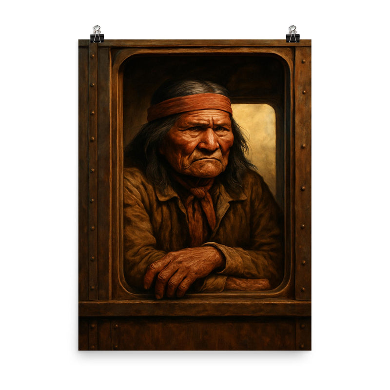 Geronimo staring from train window in reluctant captivity poster on a plain backdrop in size 8