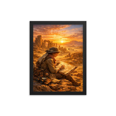 Gertrude Bell mapping desert ruins at sunrise framed print on a plain backdrop in size 12"x16".