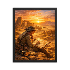 Gertrude Bell mapping desert ruins at sunrise framed print on a plain backdrop in size 16"x20".