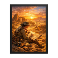 Gertrude Bell mapping desert ruins at sunrise framed print on a plain backdrop in size 18"x24".
