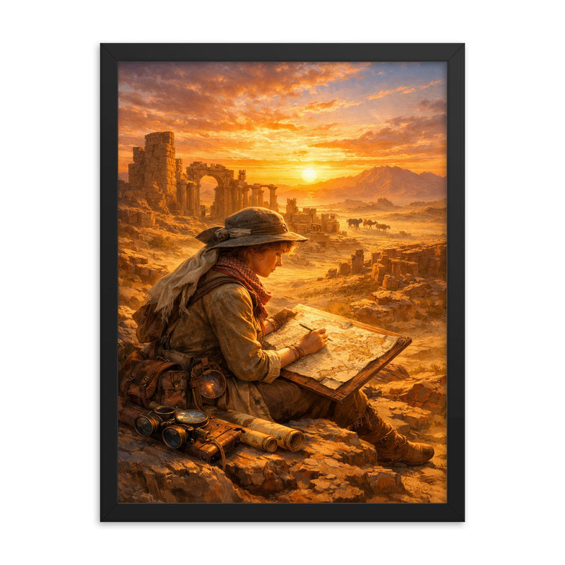 Gertrude Bell mapping desert ruins at sunrise framed print on a plain backdrop in size 18