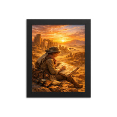 Gertrude Bell mapping desert ruins at sunrise framed print on a plain backdrop in size 8"x10".
