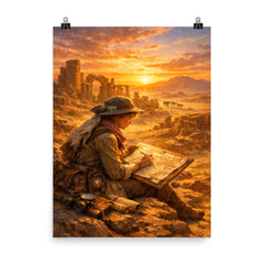 Gertrude Bell mapping desert ruins at sunrise poster on a plain backdrop in size 8"x10".