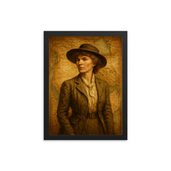 Gertrude Bell over Mesopotamian maps framed print on a plain backdrop in size 12"x16".