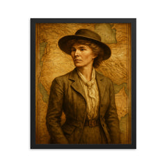 Gertrude Bell over Mesopotamian maps framed print on a plain backdrop in size 16"x20".