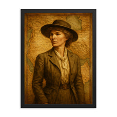 Gertrude Bell over Mesopotamian maps framed print on a plain backdrop in size 18"x24".