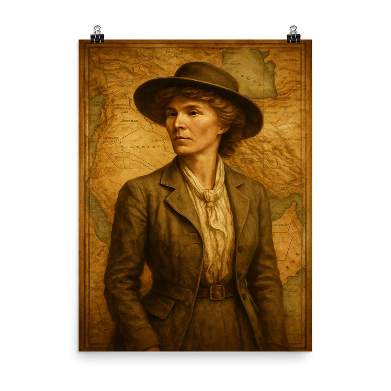 Gertrude Bell over Mesopotamian maps poster on a plain backdrop in size 8