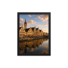Ghent's Graslei and Korenlei Belgium framed print on a plain backdrop in size 12"x16".