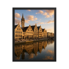 Ghent's Graslei and Korenlei Belgium framed print on a plain backdrop in size 16"x20".