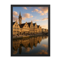 Ghent's Graslei and Korenlei Belgium framed print on a plain backdrop in size 18"x24".