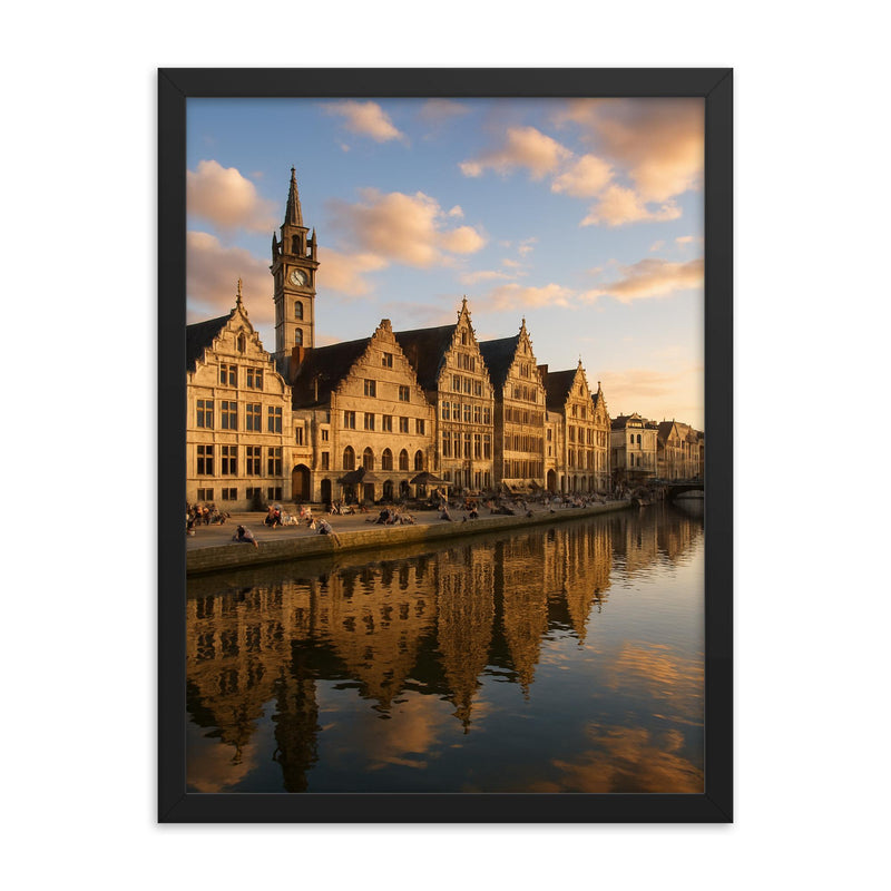 Ghent's Graslei and Korenlei Belgium framed print on a plain backdrop in size 18