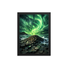 Giant's Causeway beneath green aurora storm framed print on a plain backdrop in size 12"x16".