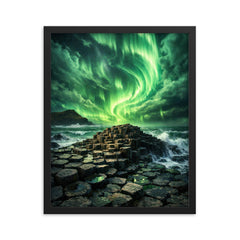 Giant's Causeway beneath green aurora storm framed print on a plain backdrop in size 16"x20".