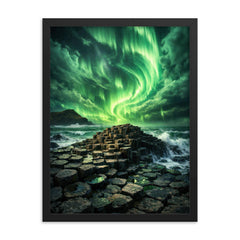 Giant's Causeway beneath green aurora storm framed print on a plain backdrop in size 18"x24".