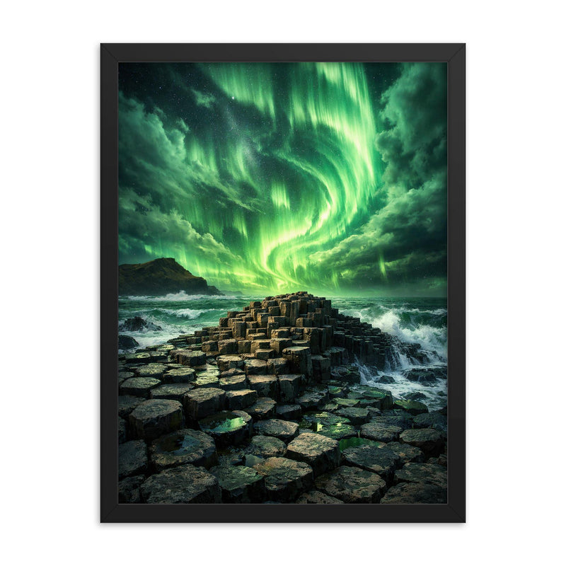 Giant's Causeway beneath green aurora storm framed print on a plain backdrop in size 18