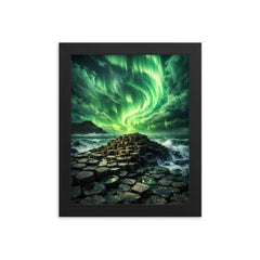 Giant's Causeway beneath green aurora storm framed print on a plain backdrop in size 8"x10".